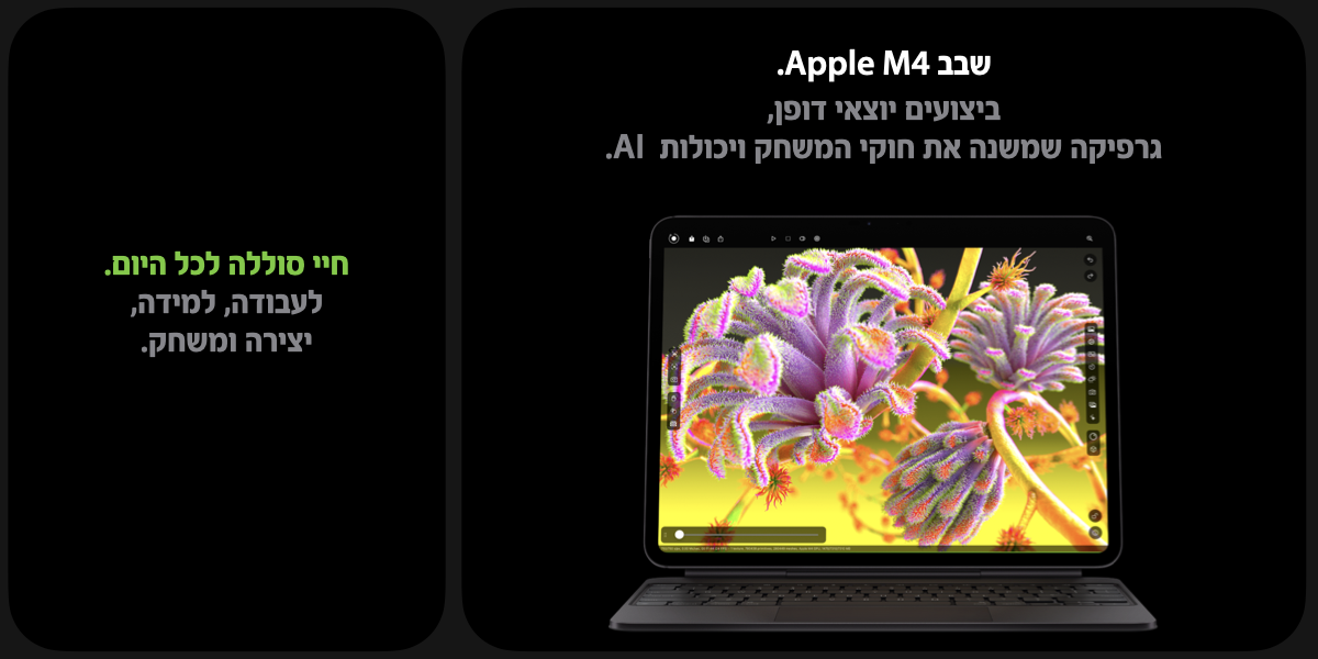 שבב Apple M4. ביצועים יוצאי דופן, גרפיקה שמשנה את חוקי המשחק ויכולות  AI. חיי סוללה לכל היום. לעבודה, יצירה, למידה ומשחק.